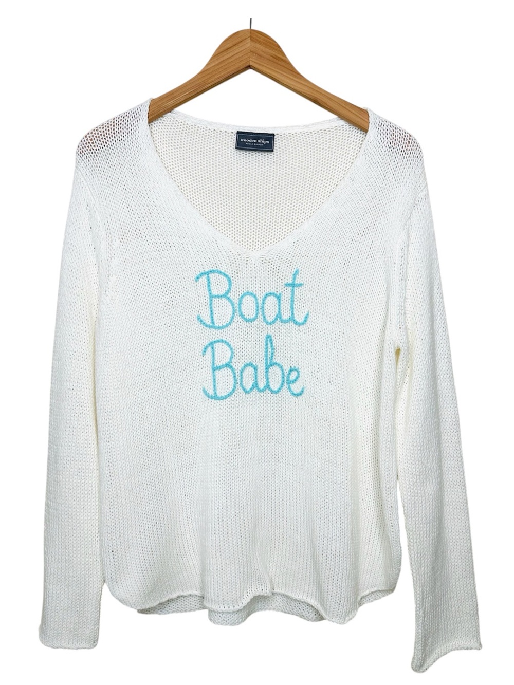 Wooden Ships Open Knit V-Neck Sweater Size M/L 'Boat Babe' Embroidery Coastal